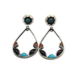 Zuni-Style Sterling Silver Multi-Stone Inlay Convertible Teardrop Earrings